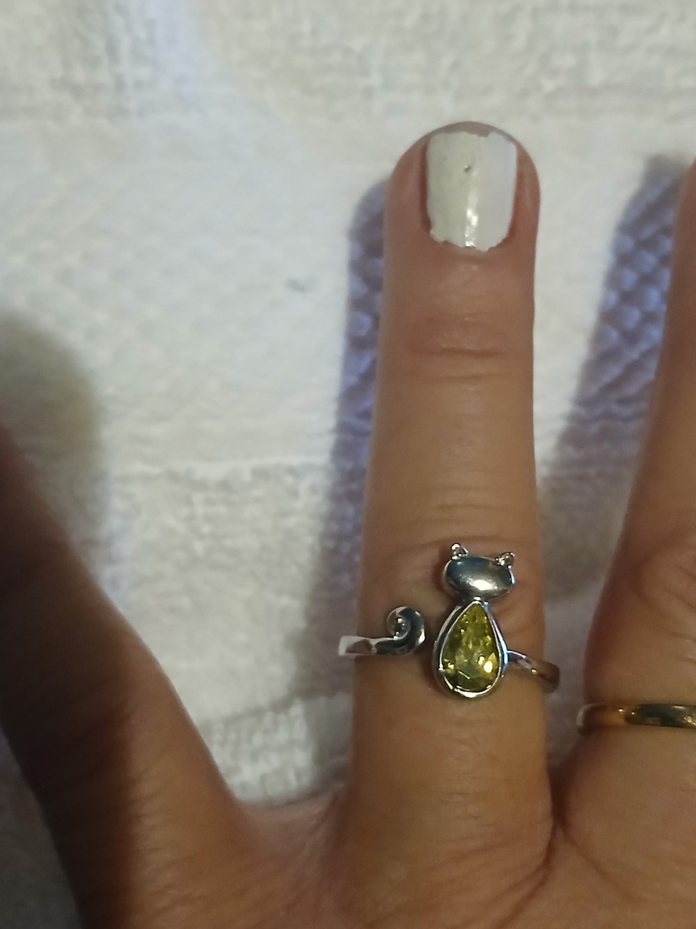 Silver Tone Cat Ring With Amber Stone